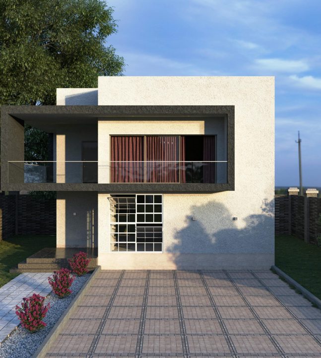 Contemporary minimalist house featuring a large driveway and serene garden setting.